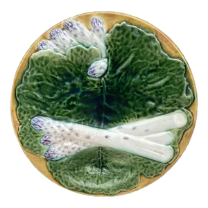 19th Century Majolica Asparagus Plate With Cabbage Leaves Creil & Montereau