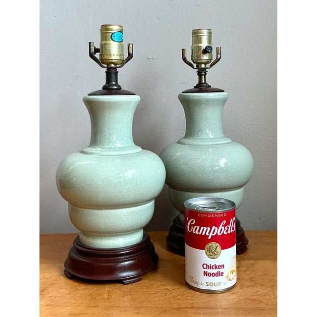 Late 20th Century Vintage Celedon Crackle Glazed Ceramic Table Lamps - a Pair For Sale - Image 5 of 12