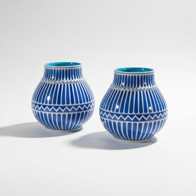 These are beautiful late 20th century Chinese Export blue and white vessels or vases. While the exterior has a vivid blue...