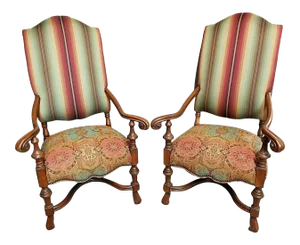 Antique French Louis XIV Style Carved Throne Armchairs - a Pair