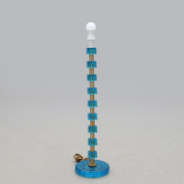 1960s Blue Cast Glass and Brass Lamp from Nybro Armaturfabrik, 1960s For Sale - Image 5 of 5