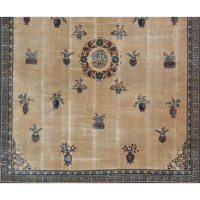 Antique Chinese Peking Pile Rug in Beige and Blue Floral Design 15' X 18'5" For Sale - Image 4 of 10