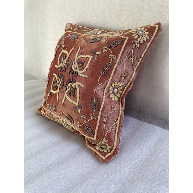 Asian Floral Zardozi Hand Embroidered Accent Decorative Silk Organza Boudoir Pillow Cover For Sale - Image 4 of 6