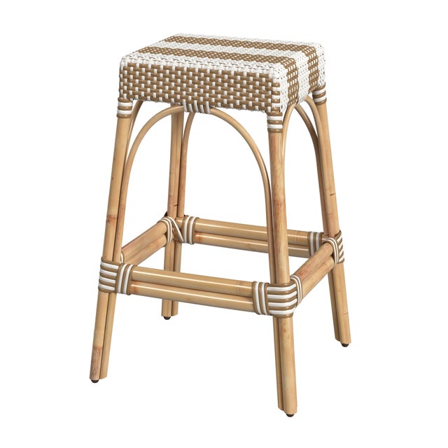 Wood Robias 30 in. Seat Height Rectangular Rattan Backless Bar Stool, Tan/White Stripe/ Natural Rattan Frame For Sale - Image 7 of 7