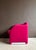 1980s club chair in a slim, upright design, upholstered in pink woolen fabric.