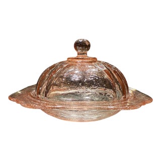 Mid 20th Century Pink Depression Glass Covered Butter Dish Madrid For Sale