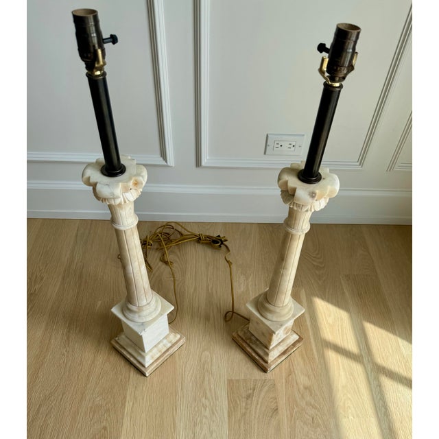 Alabaster 1960s Exceptional Pair of Italian Hand-Carved Alabaster Neoclassical Column Table Lamps – Newly Rewired For Sale - Image 8 of 10