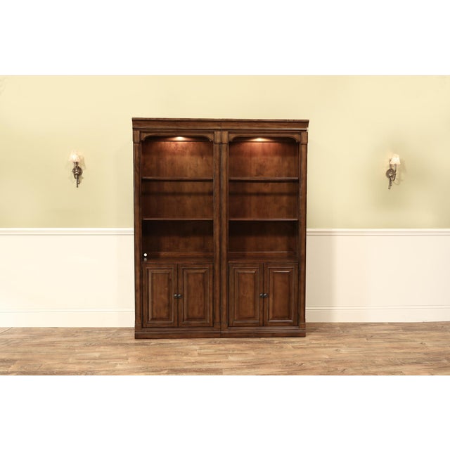 2020s One Warm Walnut Tabaccoo-Brown Single Bunching Bookcase With Lights and Glass Shelf For Sale - Image 5 of 11