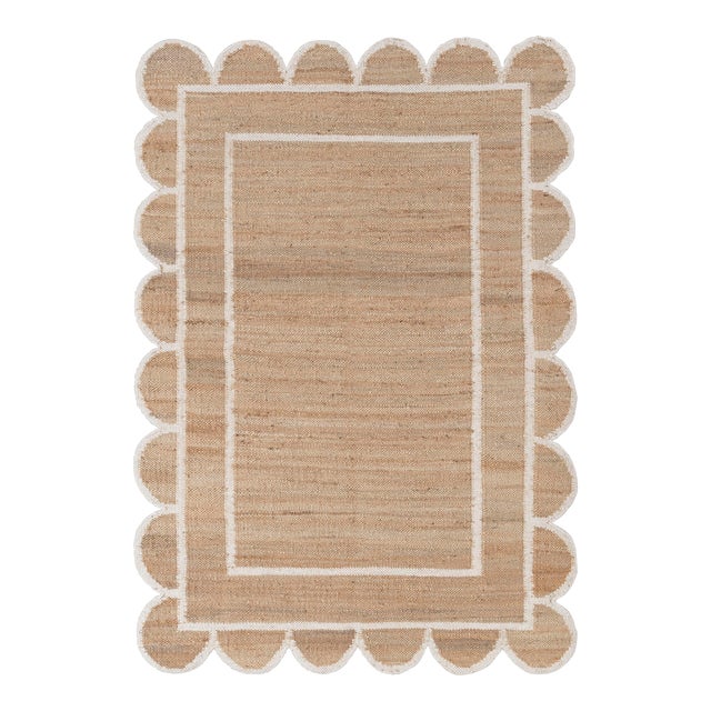 White Jute Wool Premium Handwoven (Not Braided) Scalloped Rug 12x15Ft. For Sale