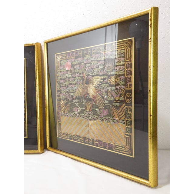 Antique Pair of Qing Dynasty Chinese Embroidered Silk Buzi Civil Rank Badges ~ Gold Frame For Sale - Image 12 of 17