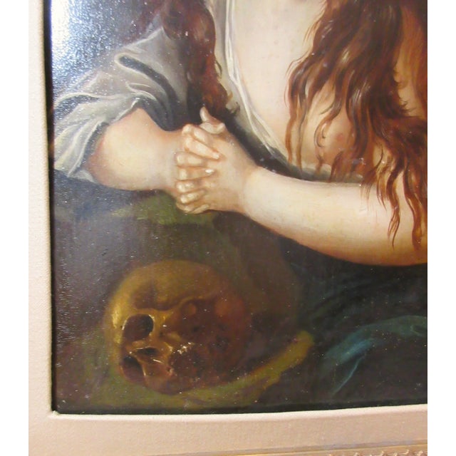 Antique 18th Century Saint Mary Magdalene Skull Religious Oil Painting on Panel For Sale In New York - Image 6 of 11