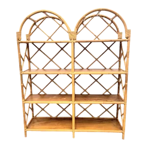 Vintage Double Arched Chinese Chippendale Bamboo Wood 4 Shelf Regency Coastal Etagere