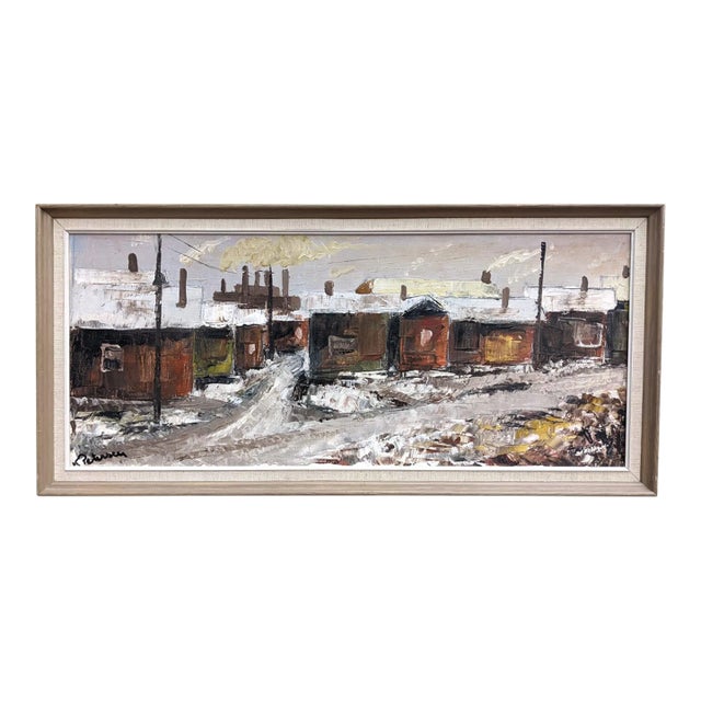 Mid-Century Modern Swedish "Chimneys" Vintage Winter Street Scene Oil Painting, Framed For Sale