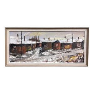 Mid-Century Modern Swedish "Chimneys" Vintage Winter Street Scene Oil Painting, Framed
