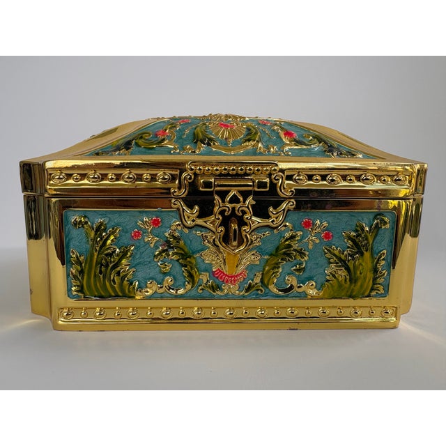 Hollywood Regency Gilt Metal Jewelry Casket With Turquoise Enamel Panels & Velvet Interior For Sale - Image 10 of 11