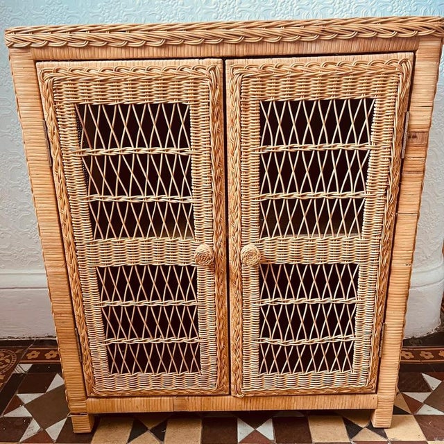Vintage Wicker Shelved 2-Door Cupboard For Sale - Image 3 of 14