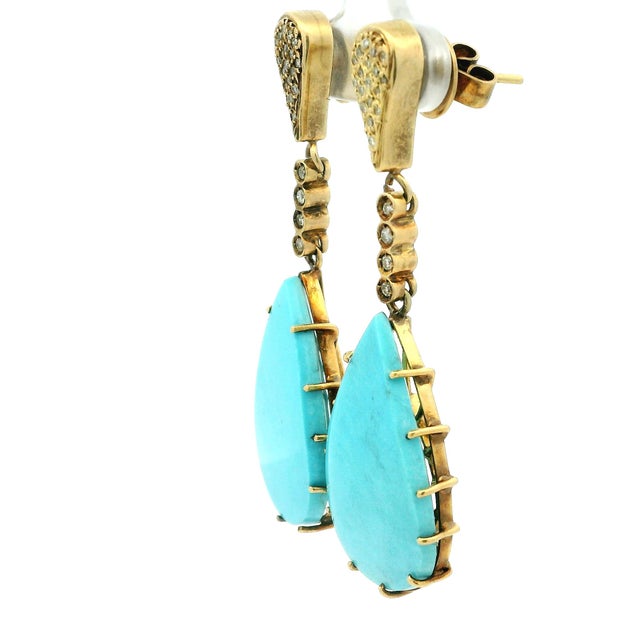 Italian 18k Gold Turquoise and Diamond Drop Earrings, Pair For Sale - Image 9 of 11