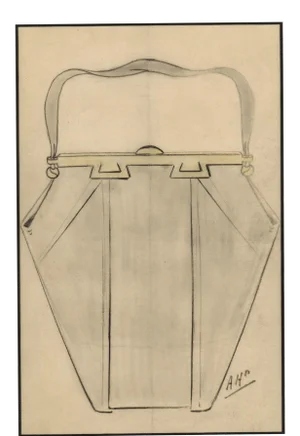 1930s Art Deco French Pocketbook Fashion Design Drawing, Matted