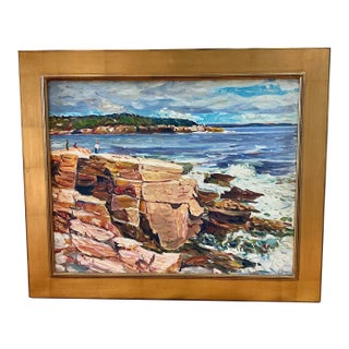 Late 20th Century Edmund Jordan View From the Top New England Coastal Landscape Oil Painting in Gold Frame For Sale