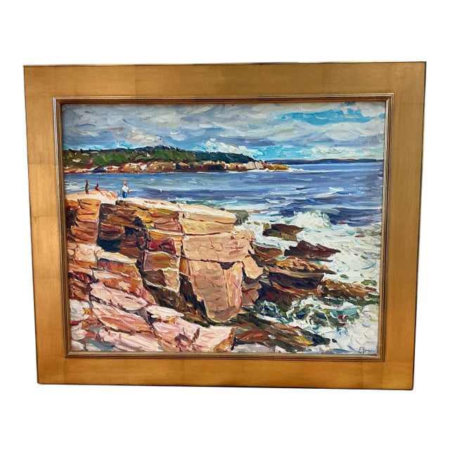 Late 20th Century Edmund Jordan View From the Top New England Coastal Landscape Oil Painting in Gold Frame For Sale