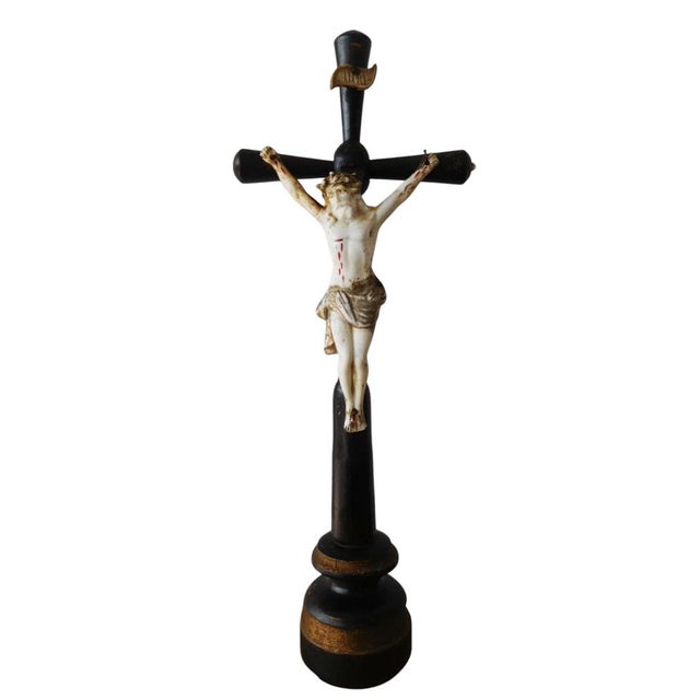 Antique Crucifix, 1800s, Wood & Porcelain For Sale - Image 6 of 6
