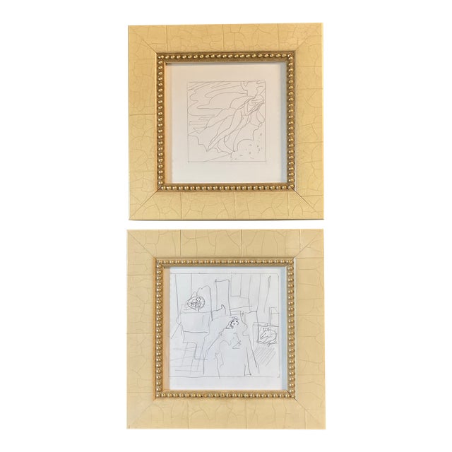 1970’s 2 Original Female Nude Abstract Pencil Drawings Vintage Crackled Frames-A Pair For Sale