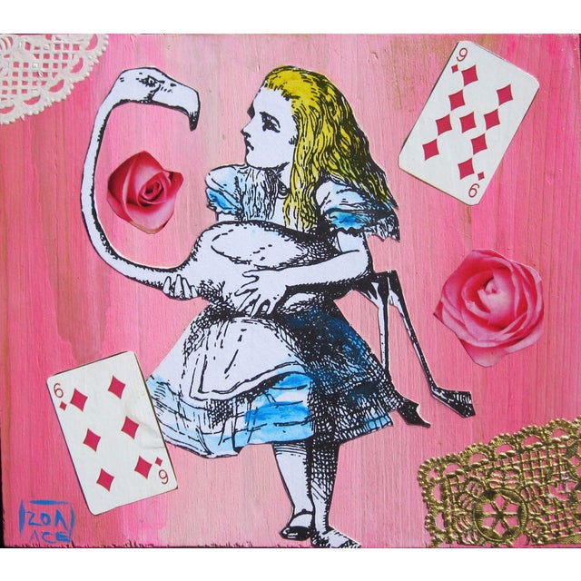 Alice with Flamingo by Zoa Ace | Collage on wood of a girl holding a flamingo with playing cards For Sale