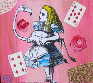Alice with Flamingo by Zoa Ace | Collage on wood of a girl holding a flamingo with playing cards