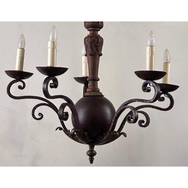 Early 20th Century Spanish Wrought Iron and Wood Light Fixture For Sale - Image 4 of 8