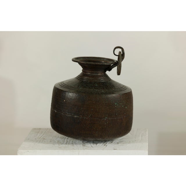 Indian Vintage Indian Hand-Tooled Metal Milk Jug with Ring Handle, Mid-20th Century For Sale - Image 3 of 13