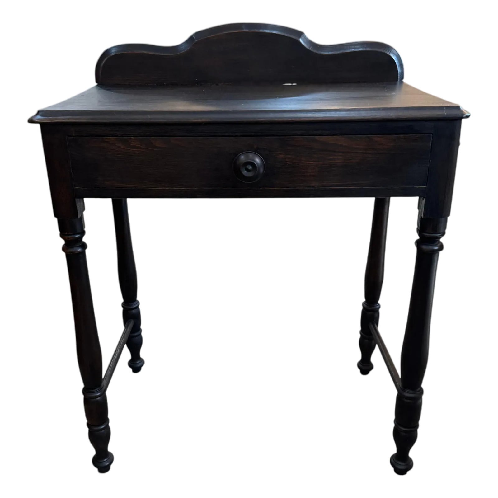 Vintage Ebonized Wood Side Table With Drawer & Gallery Back | Chairish