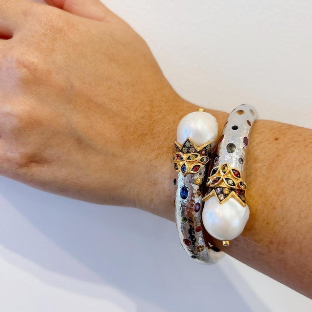 BOCHIC “Orient” Vintage Bangle Set 18K Gold & Silver, Pearls & Sapphires For Sale - Image 11 of 12