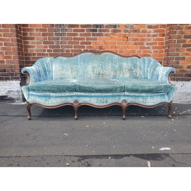 Victorian Antique Carved Wood Blue Velvet Sofa Chairish