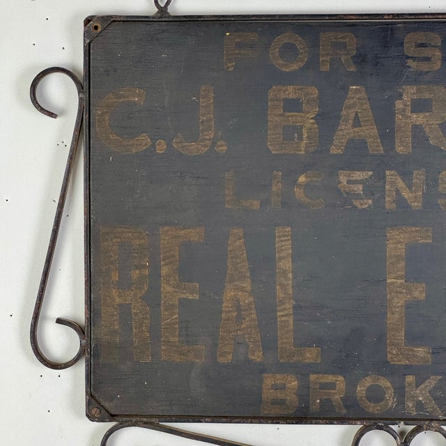 Antique Hand Painted Wood Real Estate Sign in Wrought Iron Scroll Design Frame For Sale - Image 10 of 12
