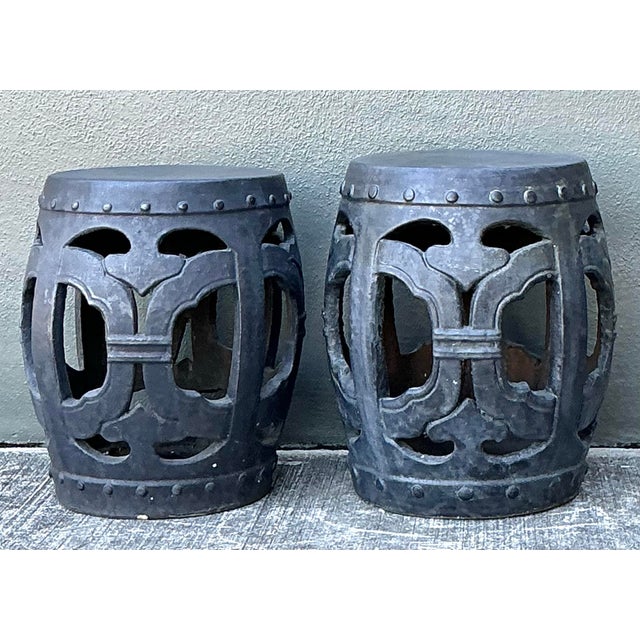 Vintage Linked Rings Matte Glazed Ceramic Garden Stools - A Pair For Sale - Image 9 of 12