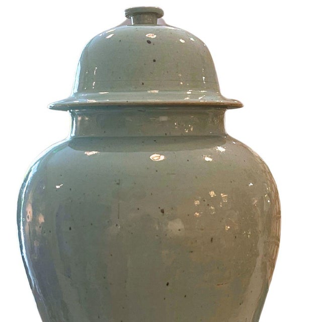 Chinoiserie Pair of Celadon Vase Ginger Jars For Sale - Image 3 of 4