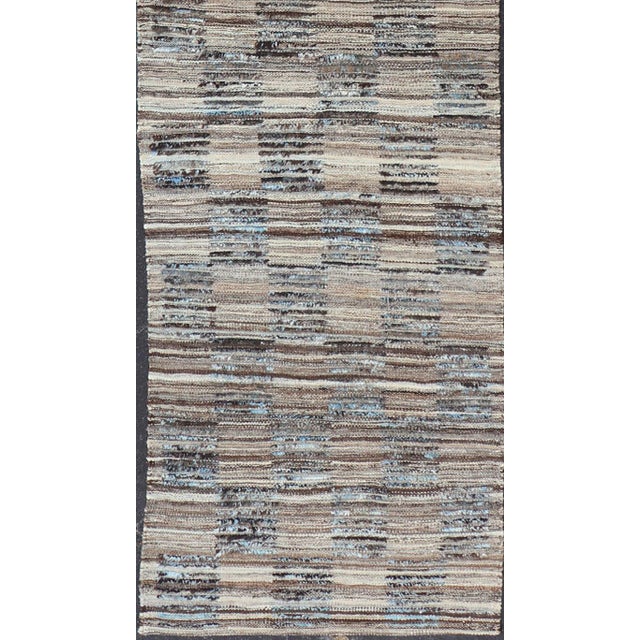 Modern Hi Low With Kilim-Piled Runner With Checkerboard Design in Blue/Gray For Sale - Image 4 of 10