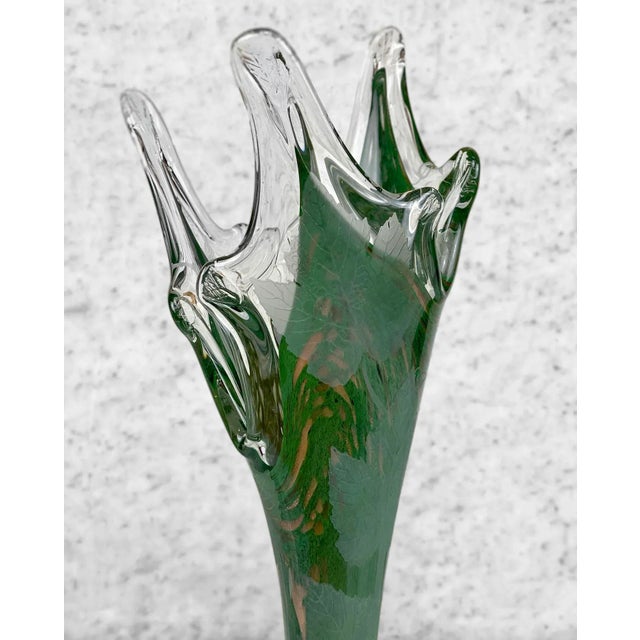 Mid 20th Century Vintage Large Italian Green Art Glass Etched Grapevine Stretch Vase For Sale - Image 5 of 10
