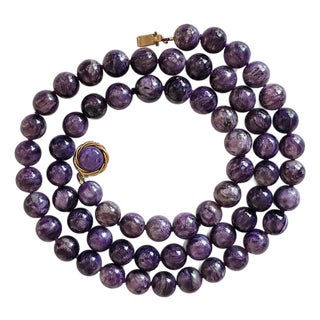 Charoite Long Necklace With Gilt Silver Charoite Clasp, 33.5" For Sale