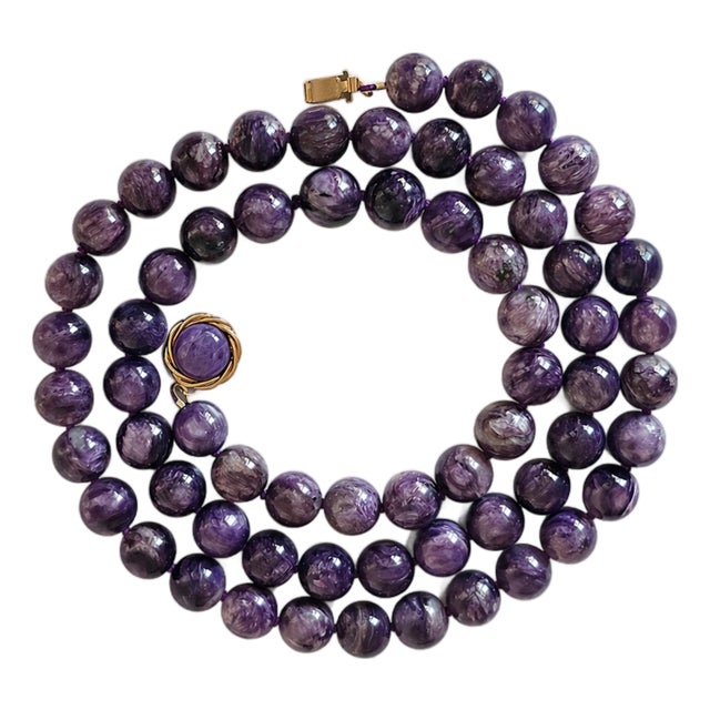 Charoite Long Necklace With Gilt Silver Charoite Clasp, 33.5" For Sale