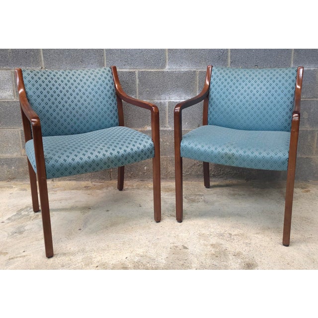 A Pair of Late 20th Century Gunlocke modernist solid Oak and Upholstered Armchairs, guess chairs. Measure 23" in width,...