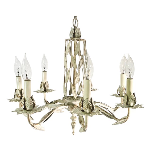 Italian Tole 6-Arm Palm Leaf Chandelier in Painted White Metal, C. 1970s For Sale