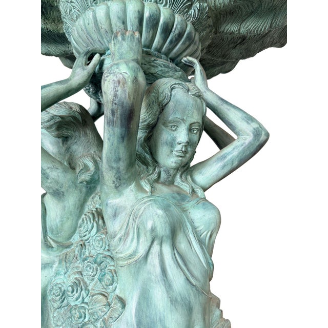 2000 - 2009 Monumental Classical Tiered Fountain With Shell Basins – Verdigris Patina – 11 Ft Tall For Sale - Image 5 of 10