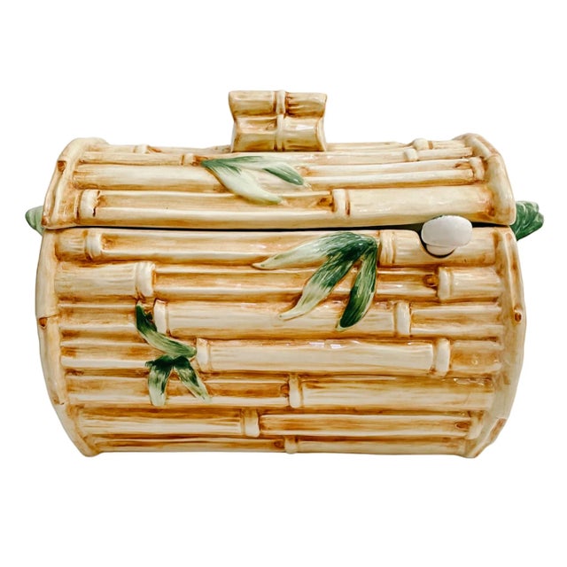 Vintage Italian hand-painted soup tureen with lid and ladle with a very realistic embossed trompe l'oeil design of bamboo...