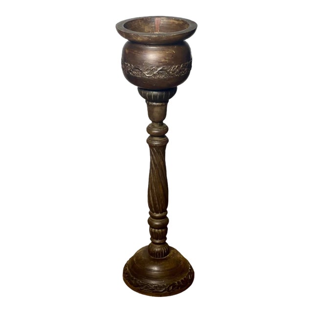 1910s French Custom Handcrafted Carved Wood Pedestal Planter For Sale