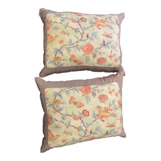Pair of Custom Made Linen and Silk Pillows, Newly Made, Chinoiserie Pattern For Sale