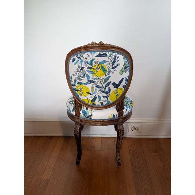 Vintage French Side Chair Freshly Upholstered in Schumacher Citrus Garden in Pool For Sale - Image 4 of 9