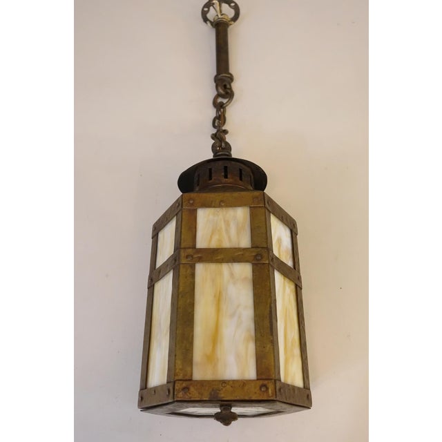 1910s Arts & Crafts Copper Iron Stained Glass Mission Hexagon Chimney Lantern Hanging Lamp 1910's For Sale In Los Angeles - Image 6 of 14