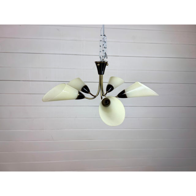 Mid-Century Modern 5-Arm Brass Chandelier with White Glass Cone Shades, 1960s For Sale - Image 6 of 9