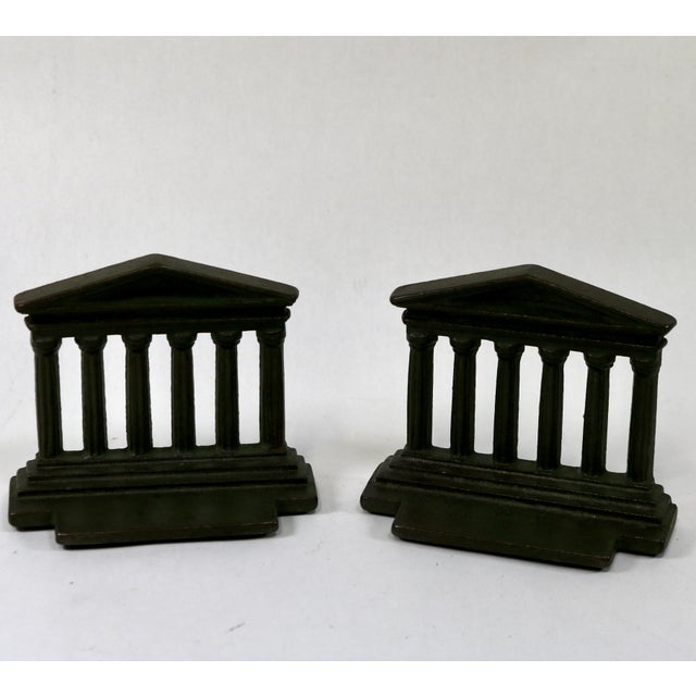 Mid 20th Century Vintage Solid Cast Iron Parthenon Greek Roman Temple Column Bookends With Faux Green Patina For Sale - Image 5 of 11